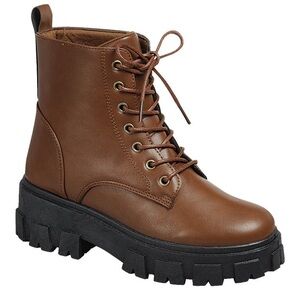 Tan Lace-Up Ankle Boots Women Chunky Lug Sole Fashion Combat Ankle Boot